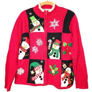 Tiara International Snowman Zip Up Cardigan Not So Ugly Christmas Sweater